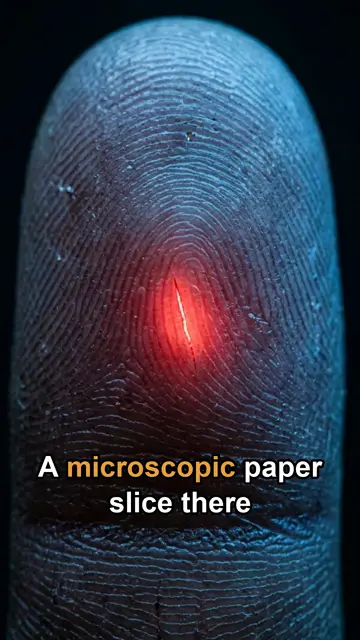 Close-up of a fingertip with a glowing red paper cut, captioned 'A microscopic paper slice there'