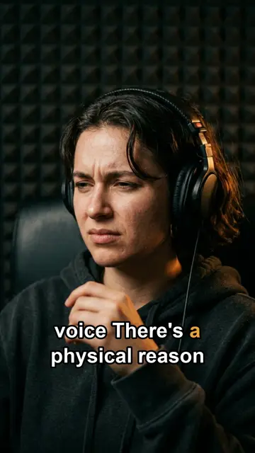 A woman in headphones frowning at her own recording, captioned 'There's a physical reason'