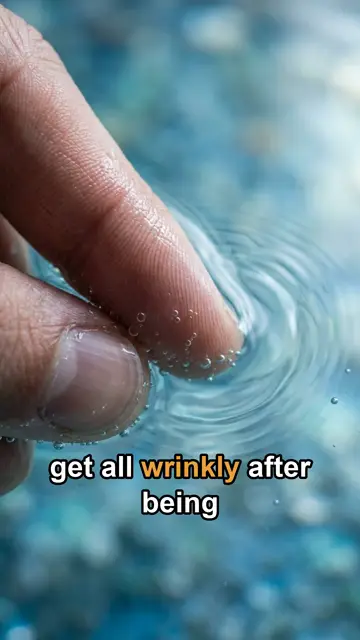 A fingertip touching rippling water, captioned 'get all wrinkly after being'